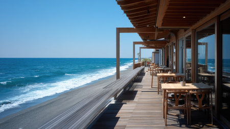 Experience a tranquil seaside atmosphere at this coastal restaurant, featuring wooden decks, outdoor seating, and stunning ocean views. Enjoy serene dining!の素材