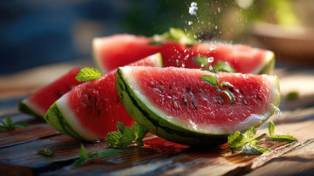 Juicy watermelon slices sprinkled with fresh mint leaves and glistening water droplets, beautifully arranged on a wooden table, evoke summer freshness.の素材