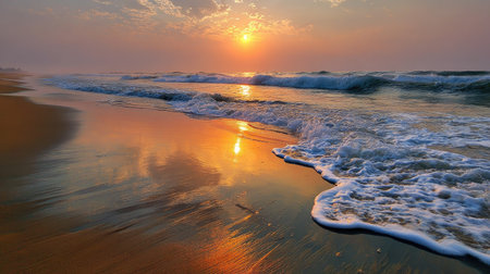 A stunning view of a serene ocean sunset, showcasing gentle waves lapping against a sandy shore, with beautiful reflections highlighting the golden colors.の素材