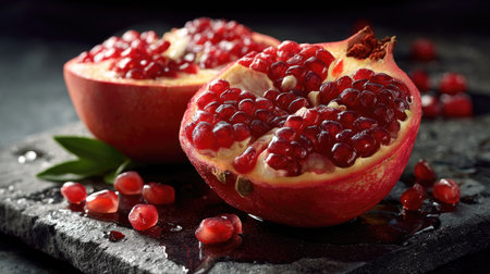 This captivating image showcases fresh pomegranate halves on a dark stone surface, highlighting juicy red seeds and delicate green leaves, perfect for food-related projects.の素材