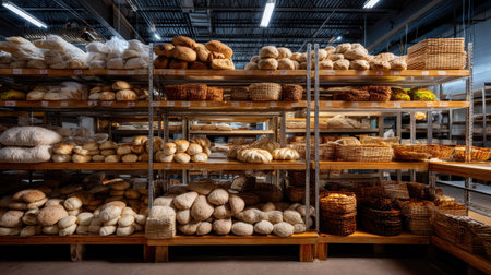 A vast assortment of freshly baked bread displayed on wooden shelves creates an inviting atmosphere in a bakery warehouse. Various shapes and textures highlight the artistry of bread making.の素材