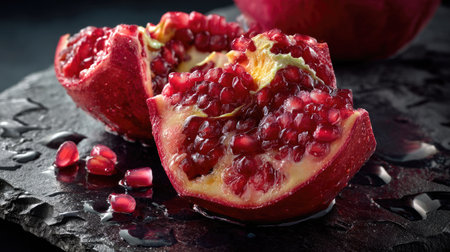 A stunning close-up of a freshly cut pomegranate, showcasing its vibrant red seeds and glistening water droplets on a dark stone surface. Perfect for food photography.の素材
