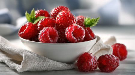 A stunning arrangement of fresh raspberries in a white bowl, highlighted by vibrant green leaves, offering a delightful and healthy snack option.の素材