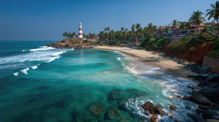 A picturesque view of a tranquil beach featuring a charming lighthouse, swaying palm trees, and gentle waves against a vibrant blue sky.の素材