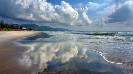 Captivating coastal view featuring a beautiful beach, dramatic clouds, and serene reflections on the water, perfect for travel and nature themes.の素材