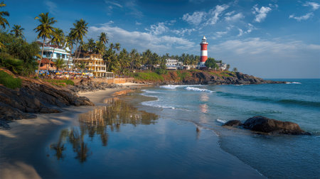 A breathtaking coastal scene featuring a lighthouse surrounded by lush palm trees, sandy beach, and gentle waves under a bright sky. Perfect for travel themes.の素材