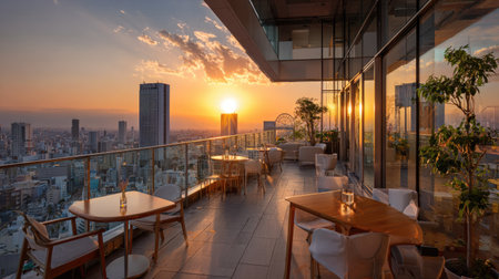 A captivating rooftop terrace showcasing a breathtaking sunset over the city skyline. Elegant outdoor seating enhances the serene atmosphere, perfect for relaxation.の素材
