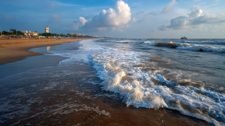 This stunning beach landscape captures gentle waves rolling onto the shore under a beautiful sky filled with clouds. Ideal for projects related to nature, travel, and relaxation.の素材