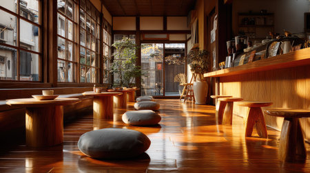 A serene Japanese tea room showcasing a beautiful wooden interior, bathed in natural light. The peaceful design invites relaxation and reflection.の素材