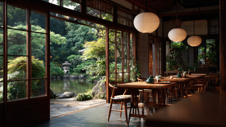 This captivating image showcases a serene Japanese restaurant interior, where natural light floods through large windows, highlighting the peaceful garden view. Elegant wooden tables and traditional lanterns create a cozy and inviting atmosphere, ideal for dining and relaxation.の素材