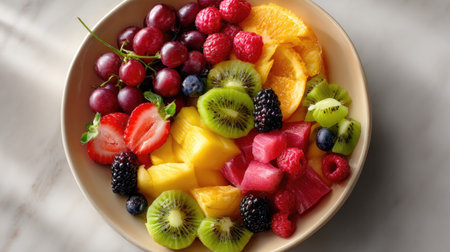 A vibrant assortment of fresh fruits displayed in a bowl, featuring strawberries, kiwi, orange, watermelon, and mixed berries, perfect for healthy snacks.の素材