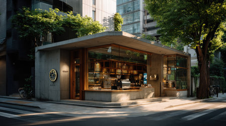 A beautifully designed cafe featuring large glass windows and lush greenery, creating an inviting atmosphere in an urban environment. Perfect for relaxation.の素材