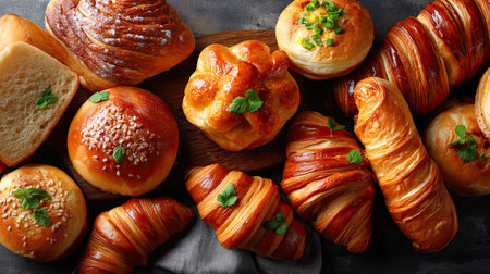 A visually appealing display of assorted freshly baked pastries and breads, garnished with mint leaves, perfect for any bakery or food-themed project.の素材