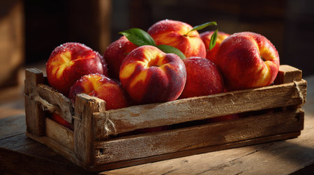 A collection of fresh nectarines displayed in a rustic wooden crate captures the essence of summer harvest, showcasing their vibrant colors and natural appeal.の素材