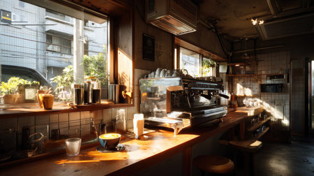 A warm and inviting coffee shop interior featuring sunlight filtering through windows, highlighting wooden surfaces and modern espresso equipment.の素材
