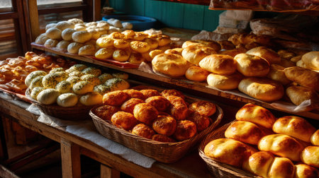 A vibrant display of various freshly baked bread options in a rustic bakery, showcasing golden crusts and inviting textures, perfect for culinary inspiration.の素材