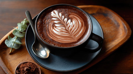 A beautifully crafted hot chocolate presented in a dark ceramic mug features intricate latte art. Set on a wooden tray with a spoon and cocoa powder, this image captures comfort and indulgence in a cozy cafe setting.の素材