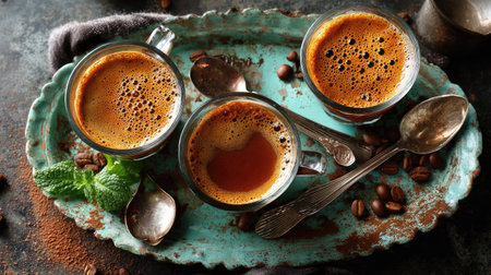 A captivating arrangement of three glass mugs filled with freshly brewed coffee atop a vintage tray. Surrounded by coffee beans and mint leaves, this image exudes warmth and inviting aroma. Perfect for coffee lovers and culinary enthusiasts.の素材