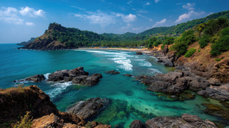 A breathtaking coastal view showcasing a serene beach surrounded by clear blue waters, rugged rocks, lush green hills, and dramatic clouds, perfect for nature lovers.の素材