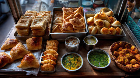 A vibrant display of freshly made pastries and snacks showcases the rich variety of flavors and textures in a bustling market setting.の素材