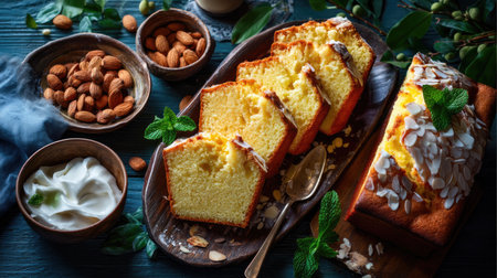 An inviting scene featuring a beautifully baked citrus cake, artfully sliced and served with almonds, cream, and mint on a rustic table.の素材