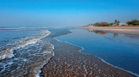 This stunning beach scene captures the beauty of gentle waves lapping at the shore under a clear blue sky. The tranquil atmosphere invites relaxation and reflection.の素材