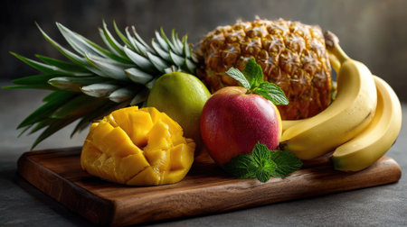 A vibrant arrangement of fresh tropical fruits including pineapple, mango, banana, apple, and pear placed on a cutting board, showcasing natural colors.の素材