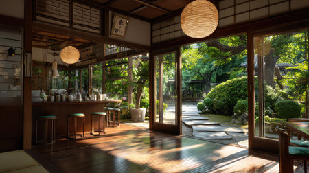 This serene Japanese interior features a spacious design with natural light pouring in, framing a beautifully landscaped garden, evoking peace and harmony.の素材