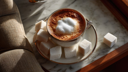 A beautifully crafted coffee cup filled with frothy milk sits on a marble surface, accompanied by sugar cubes, evoking a cozy and elegant atmosphere.の素材