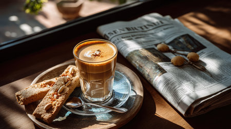 A warm and inviting morning scene featuring a glass of coffee alongside biscotti and a newspaper on a wooden table, capturing moments of relaxation and enjoyment.の素材