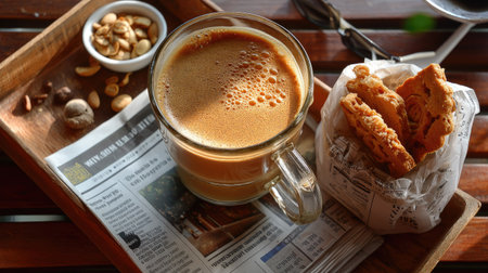 Discover the harmony of a warm cup of coffee paired with cookies and nuts, beautifully arranged on a rustic wooden tray, perfect for a cozy morning.の素材