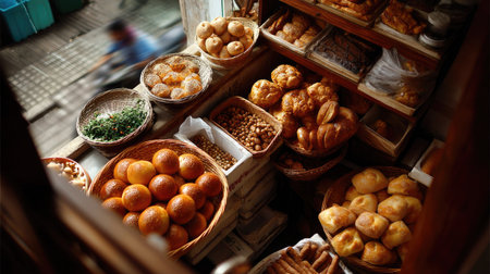 This image captures an inviting bakery filled with an array of traditional breads and pastries, artistically arranged in rustic wooden baskets.の素材