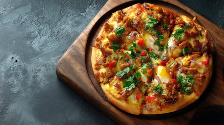 A delicious, freshly baked pizza with vibrant vegetables and aromatic herbs, elegantly presented on a wooden serving board, perfect for any meal.の素材