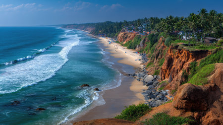 A picturesque coastal landscape featuring gentle waves lapping against sandy shores. Lush cliffs provide a stunning backdrop, inviting relaxation.の素材