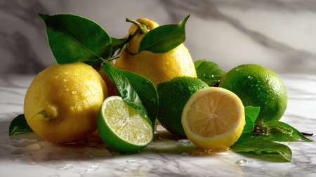A visually captivating arrangement of fresh lemons and limes surrounded by lush green leaves, set against a smooth marble backdrop. Perfect for healthy lifestyle themes.の素材