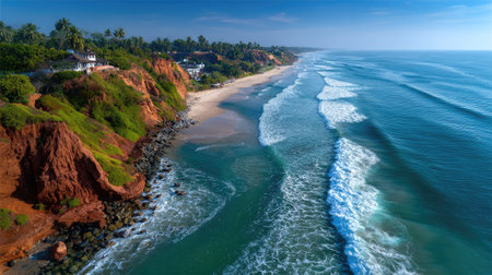 A breathtaking aerial view showcasing a picturesque beach, vibrant waves, and green cliffs under a bright sky, ideal for travel and nature enthusiasts.の素材