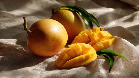 This beautiful image features ripe mangoes alongside neatly sliced pieces, showcasing the vibrant yellow color and fresh green leaves on a silky background.の素材