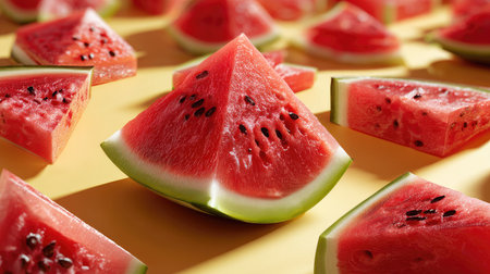 A stunning arrangement of fresh watermelon slices captures the essence of summer with bright colors and refreshing appeal, perfect for seasonal enjoyment.の素材