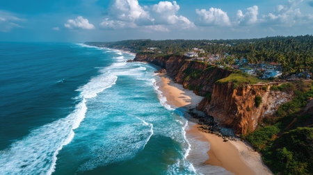 This stunning aerial photograph captures the breathtaking beauty of a coastal landscape, featuring cliffs and a turquoise ocean. The scene embodies tranquility and adventure.の素材