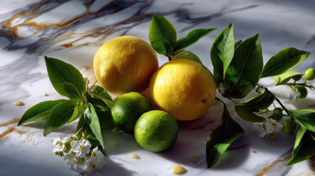 A beautiful arrangement of fresh lemons and limes surrounded by vibrant green leaves and delicate blossoms on a stylish marble surface.の素材