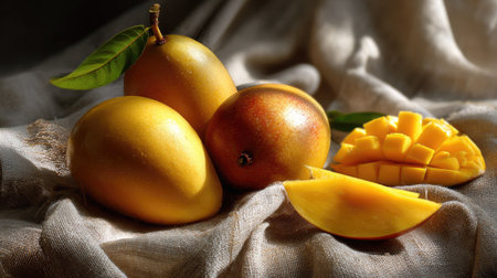 A vibrant arrangement of fresh mangoes with bright yellow skin and a sliced piece set against a textured fabric background, showcasing their delicious appeal.の素材