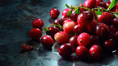 A stunning close-up of fresh cranberries showcases their vibrant red color and glossy surface, perfect for food styling or healthy recipe inspiration.の素材