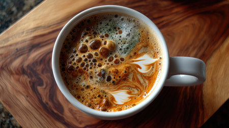 A close-up view of steaming coffee in a white mug, showcasing creamy swirls against a rustic wooden background, evoking warmth and comfort.の素材