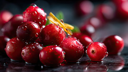 A stunning close-up of fresh cranberries adorned with glistening water drops, showcasing their rich red hue against a reflective dark surface. Perfect for food-related designs.の素材