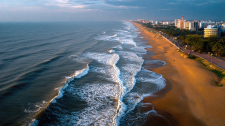 A breathtaking aerial view of a serene beach where gentle waves caress golden sand, framed by a vibrant urban skyline at dawn.の素材