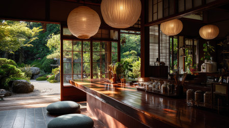 Experience the tranquility of a serene Japanese interior featuring natural light, elegant wooden furniture, and a breathtaking garden view, promoting peaceful relaxation.の素材