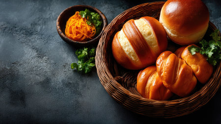 A beautifully arranged basket of freshly baked soft artisan bread, accompanied by vibrant vegetables and herbs, perfect for culinary presentations or recipes.の素材