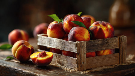 A charming arrangement of fresh nectarines and peaches in a rustic wooden crate, highlighting their vibrant colors and natural beauty on a rustic table setting.の素材
