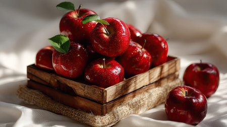 A stunning arrangement of fresh red apples displayed in a rustic wooden box, highlighting natural beauty and nutritious appeal, perfect for various culinary uses.の素材