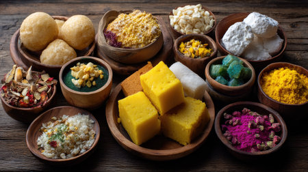 A vibrant display of traditional Indian sweets and snacks arranged beautifully on a wooden table, showcasing a variety of flavors, colors, and textures that represent rich culinary heritage.の素材